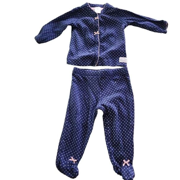 Carter's Girls Blue & White Snap Front Two Piece Outfit with Pink Bows - Size 3 - Picture 1 of 7